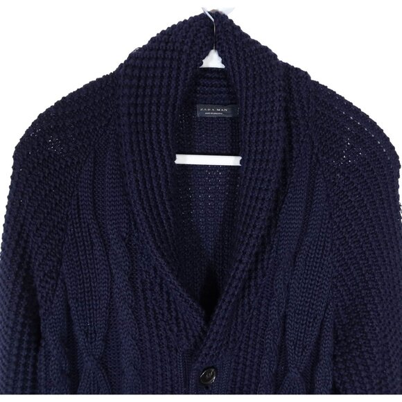 ZARA MAN Cable Shawl Collar Cardigan Sweater XL Wool Blend Navy Blue Grandpa - Picture 3 of 6